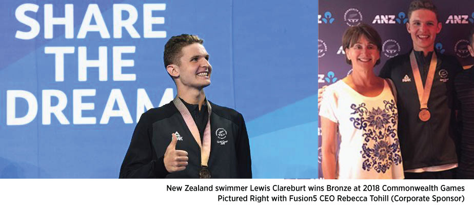 New Zealand swimmer Lewis Clareburt wins Bronze at 2018 Commonwealth Games. Pictured right with Fusion5 CEO Rebecca Tohill (Corporate Sponsor) 