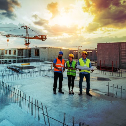 Three construction managers standing on a building site, with the sun setting in the background.