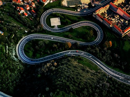 Arial view of a twisting road.