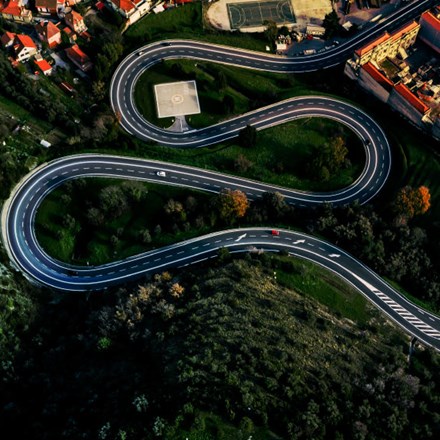 Arial view of a twisting road.
