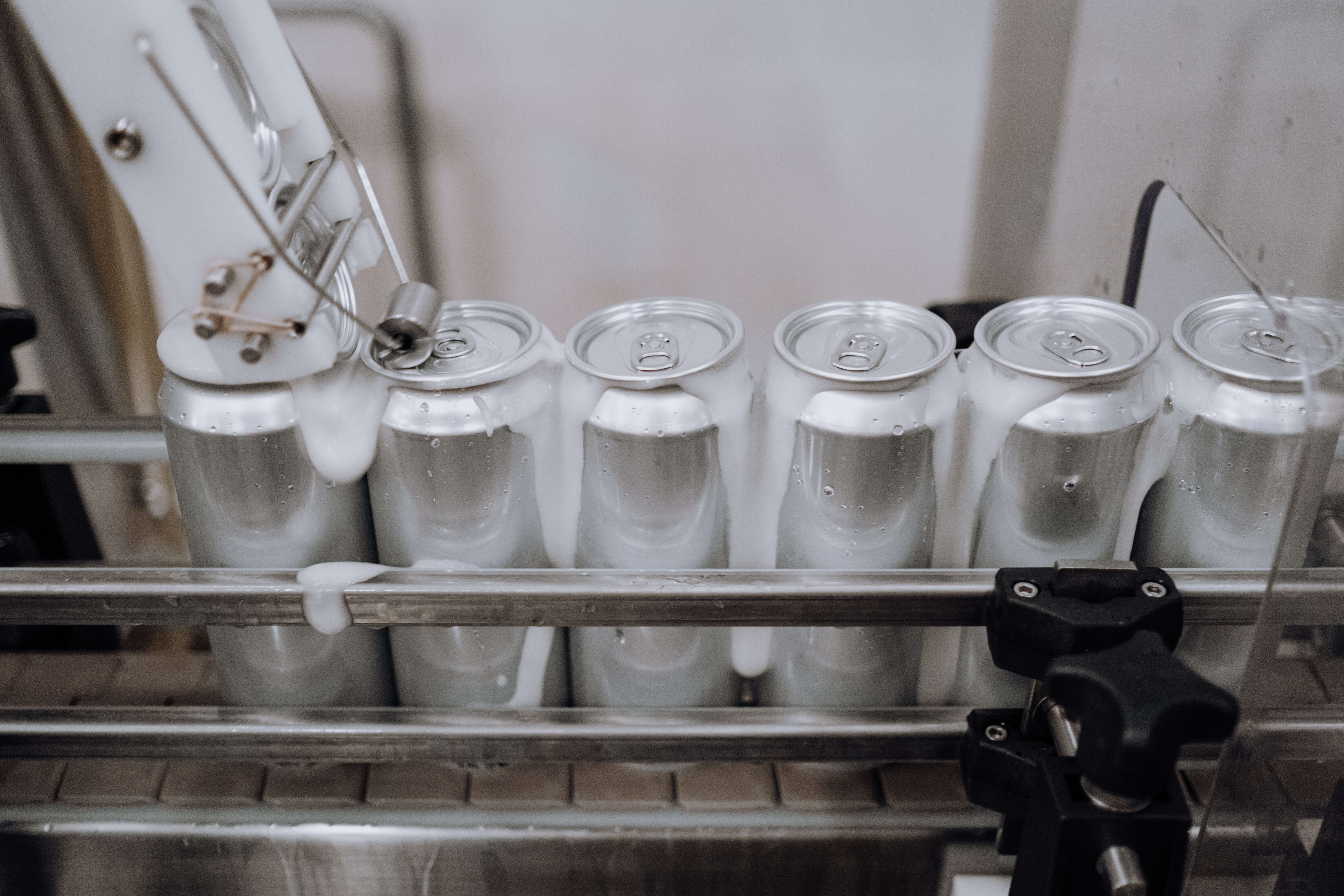 Beer cans in a manufacturing plant. 