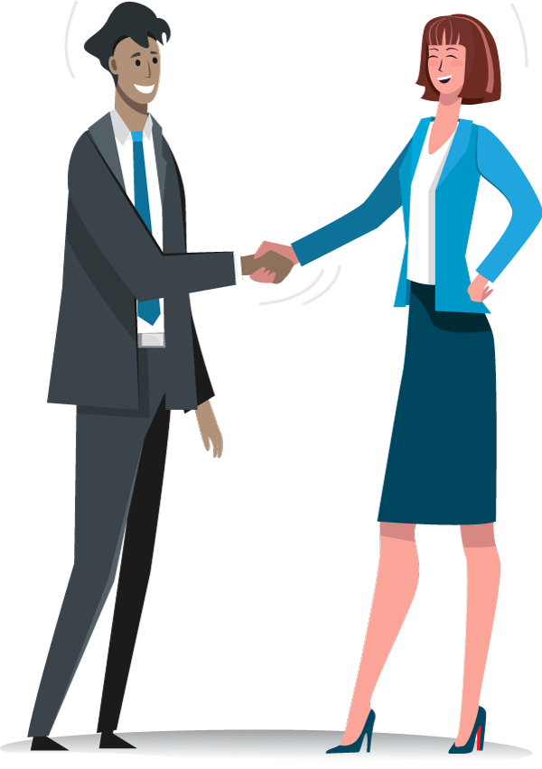An illustration of a lady and a man shake hands in a business environment